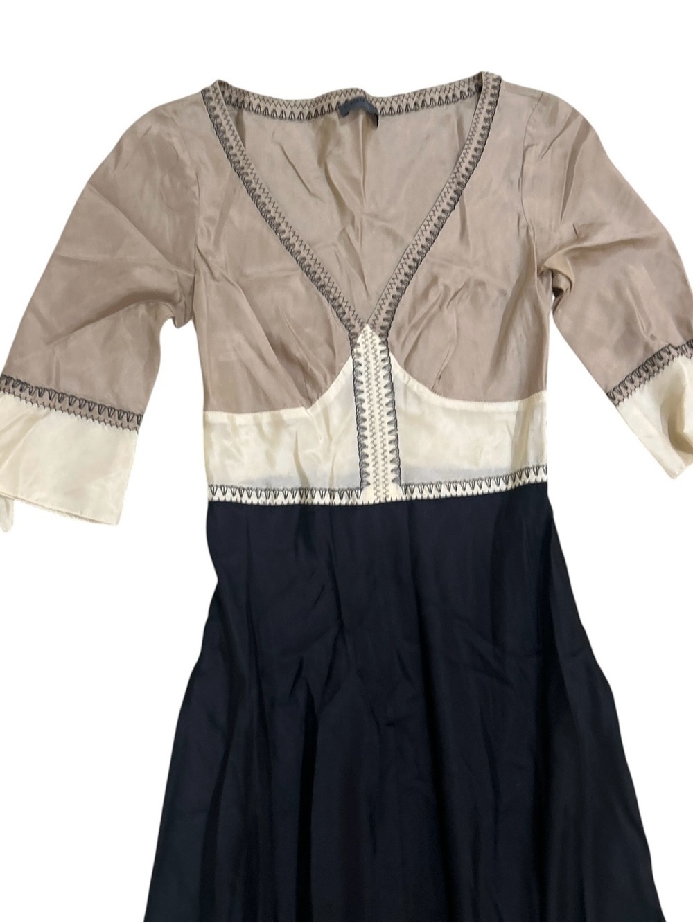 Alberta Ferretti Tan, Ivory & Black 3/4 sleeve fit & flare silk Midi Dress sz 4 - Picture 2 of 9